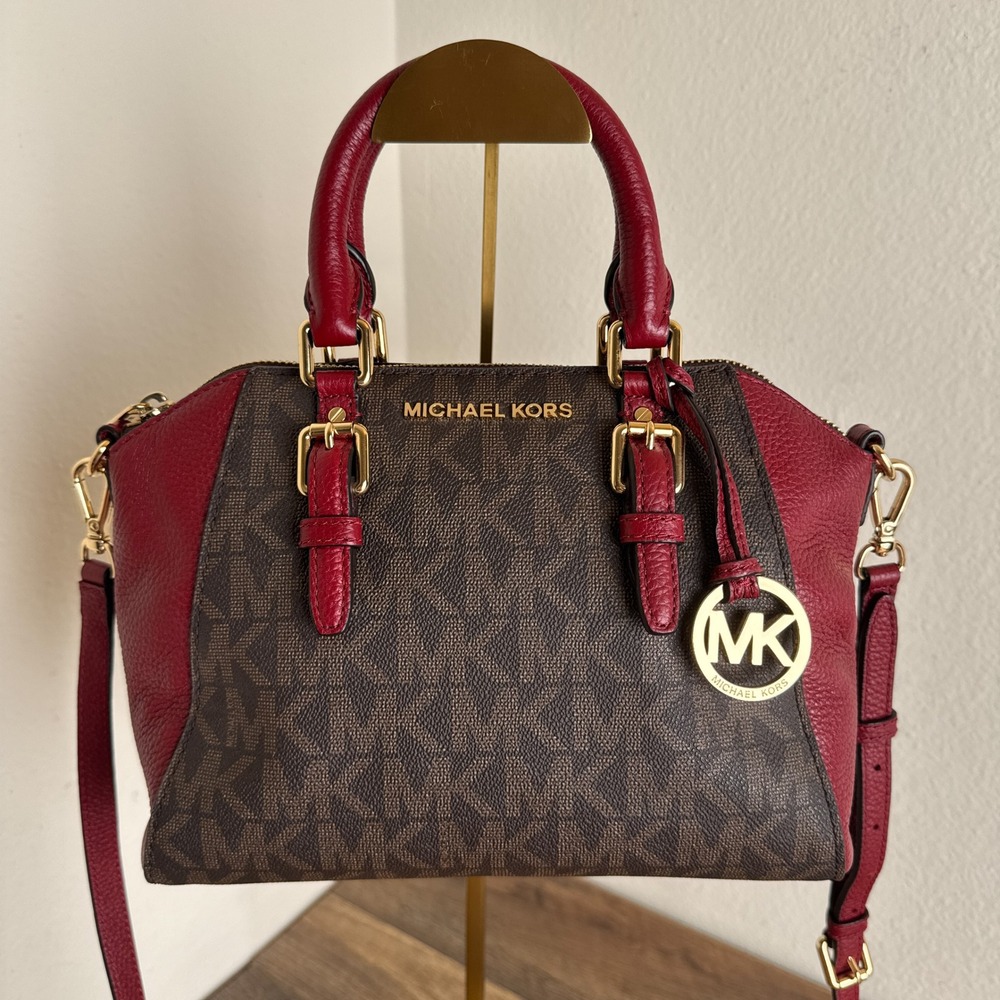 Michael‎ Kors Ciara Medium Satchel Crossbody Bag Brown Cherry Monogram NWT